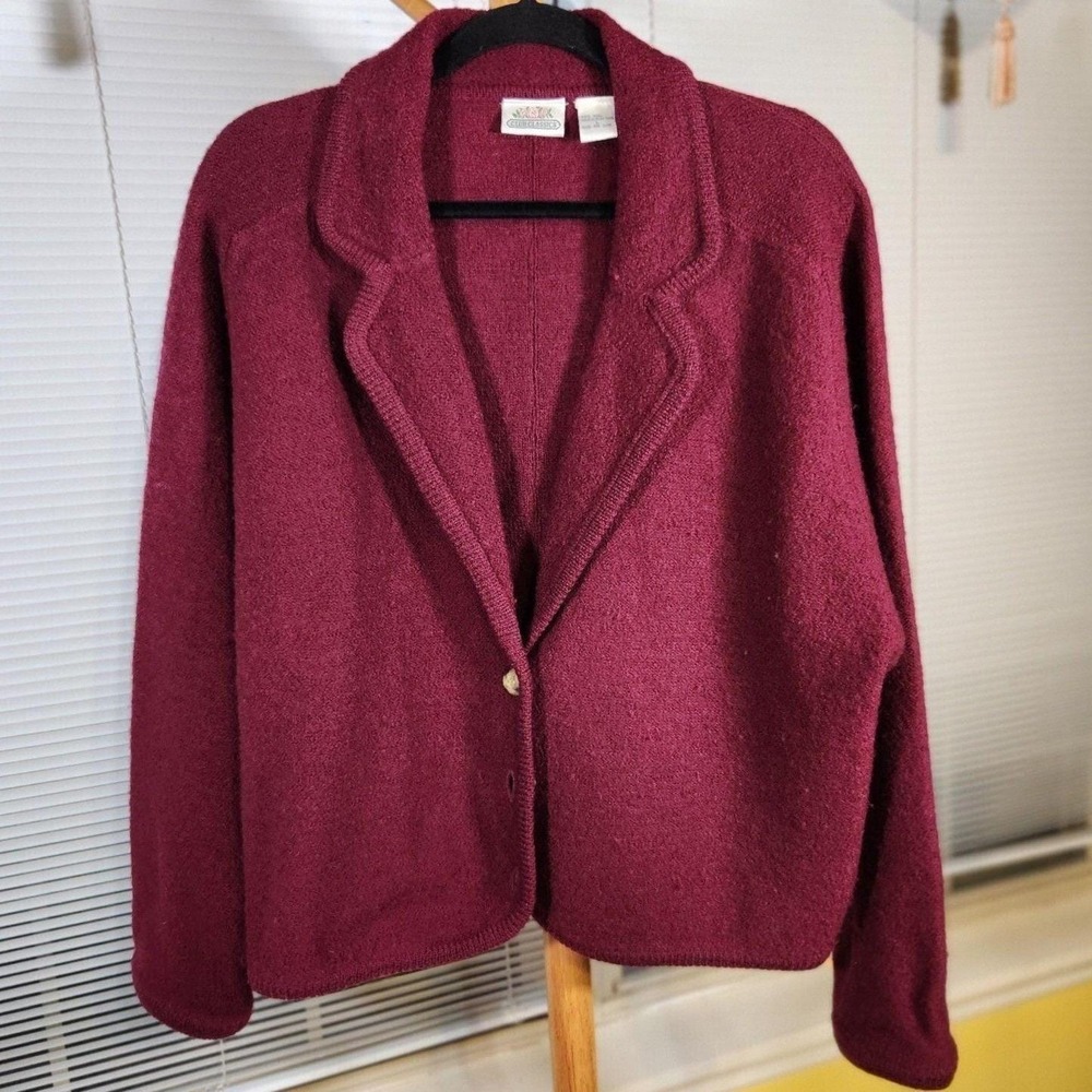 Vintage 80s Club Classics $118 Large Burgundy 100% Wool Collared Button Blazer